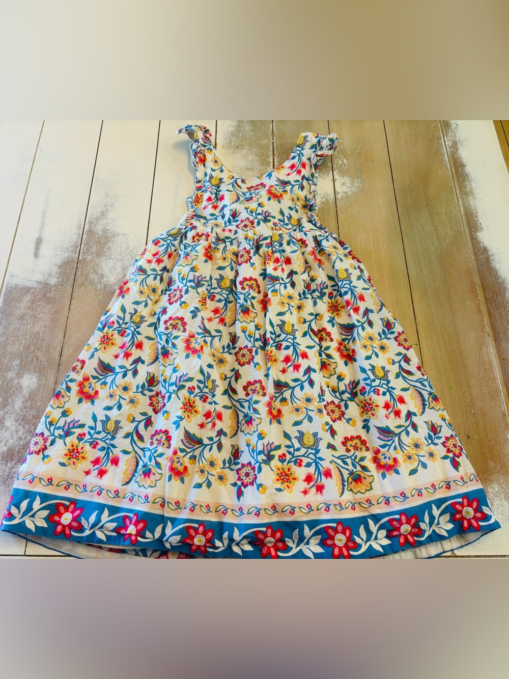 Mini Boden White Floral Sundress with Blue & Red Accents